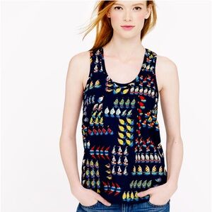 J Crew Ratti Regatta Navy Sailboat Novelty Print Tank Vacation Beach Beachy